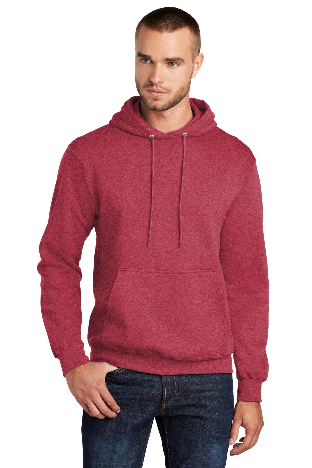 Front View of Hthr Red Port & Co Core Fleece Pullover Hooded Sweatshirt. PC78H plain