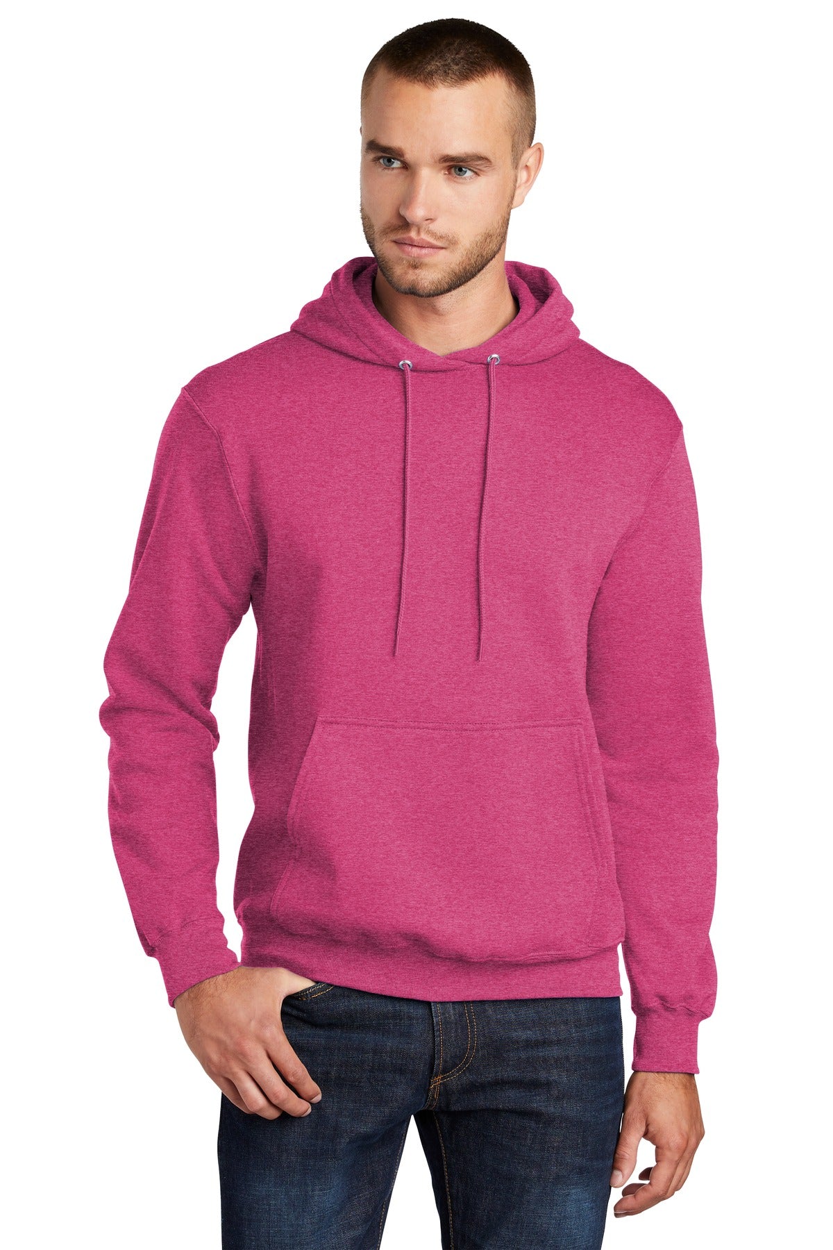 Front View of Hthr Sangria Port & Co Core Fleece Pullover Hooded Sweatshirt. PC78H plain