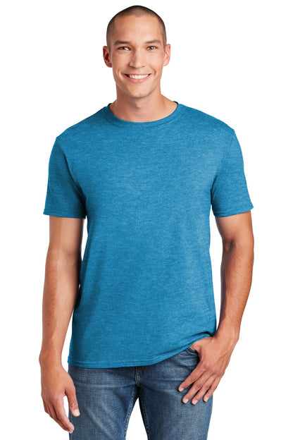 Front View of Hthr Sapphire Gildan Softstyle T-Shirt. 64000 plain