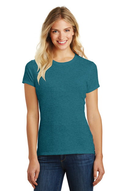 Front View of Hthr Teal District Women's Perfect Blend CVC Tee. DM108L plain