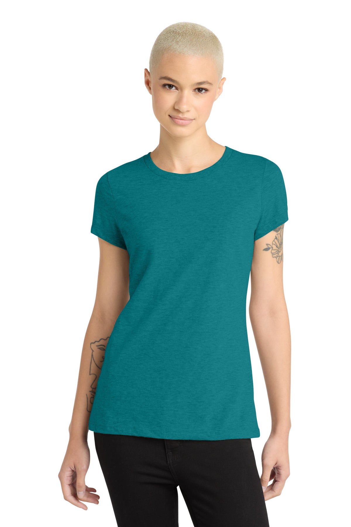 Front View of Hthr Teal District Women's Perfect Blend CVC Tee. DM108L plain