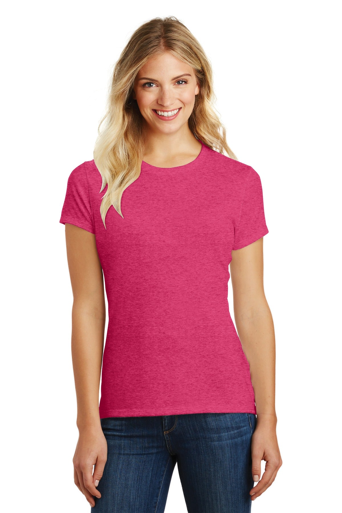 Front View of Hthr Watermlon District Women's Perfect Blend CVC Tee. DM108L plain