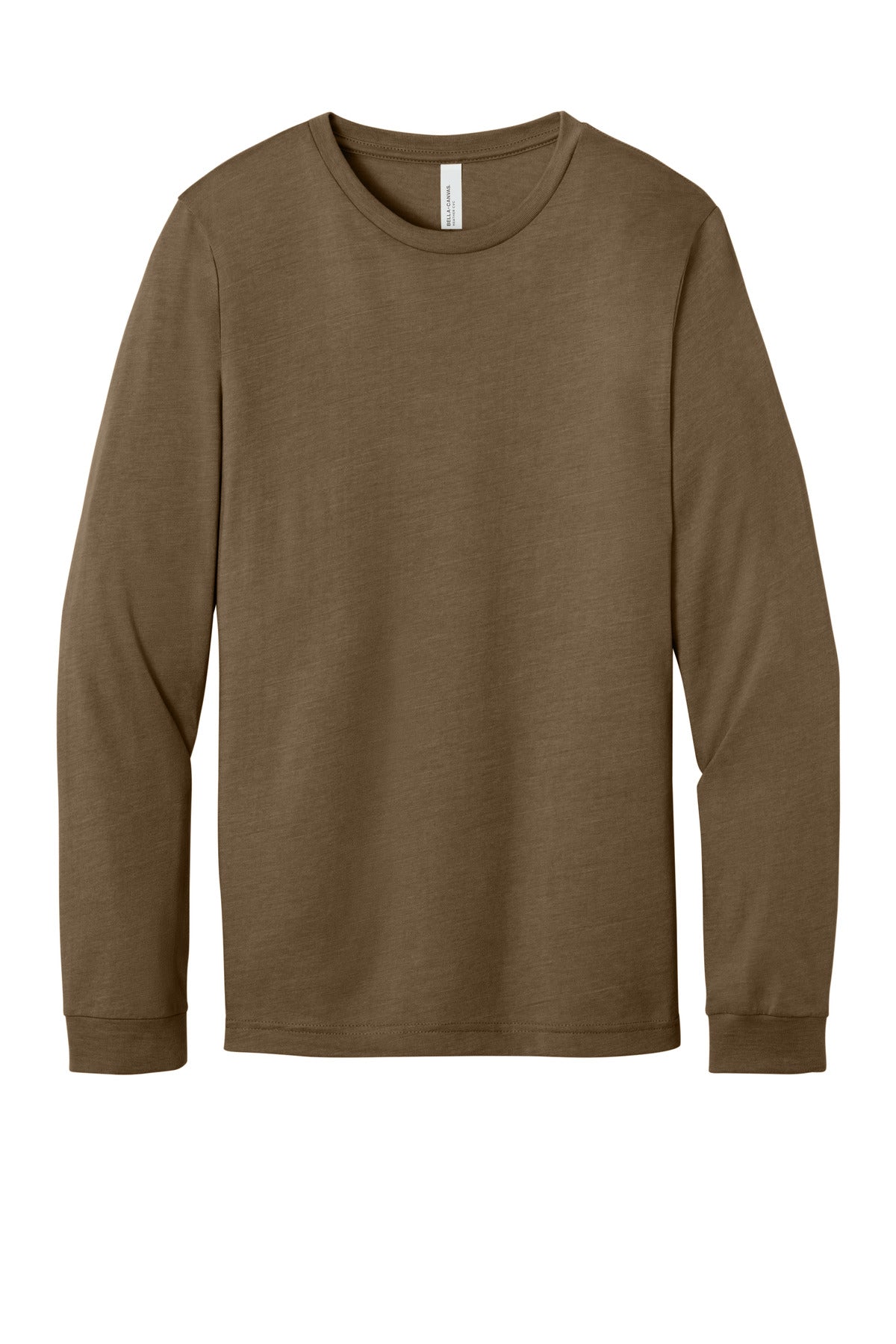Front View of HthrBrown BELLA+CANVAS Unisex Heather CVC Long Sleeve Tee BC3501CVC plain