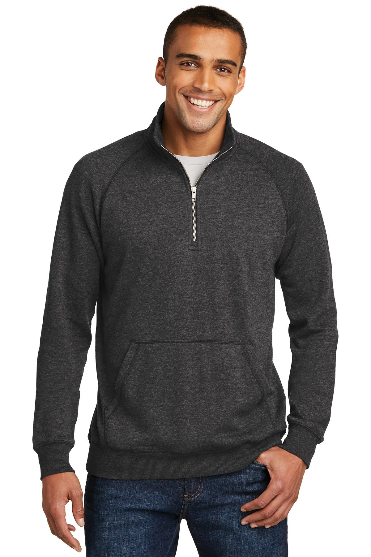 Front View of Hthrd Black District Lightweight Fleece 1/4-Zip. DM392 plain