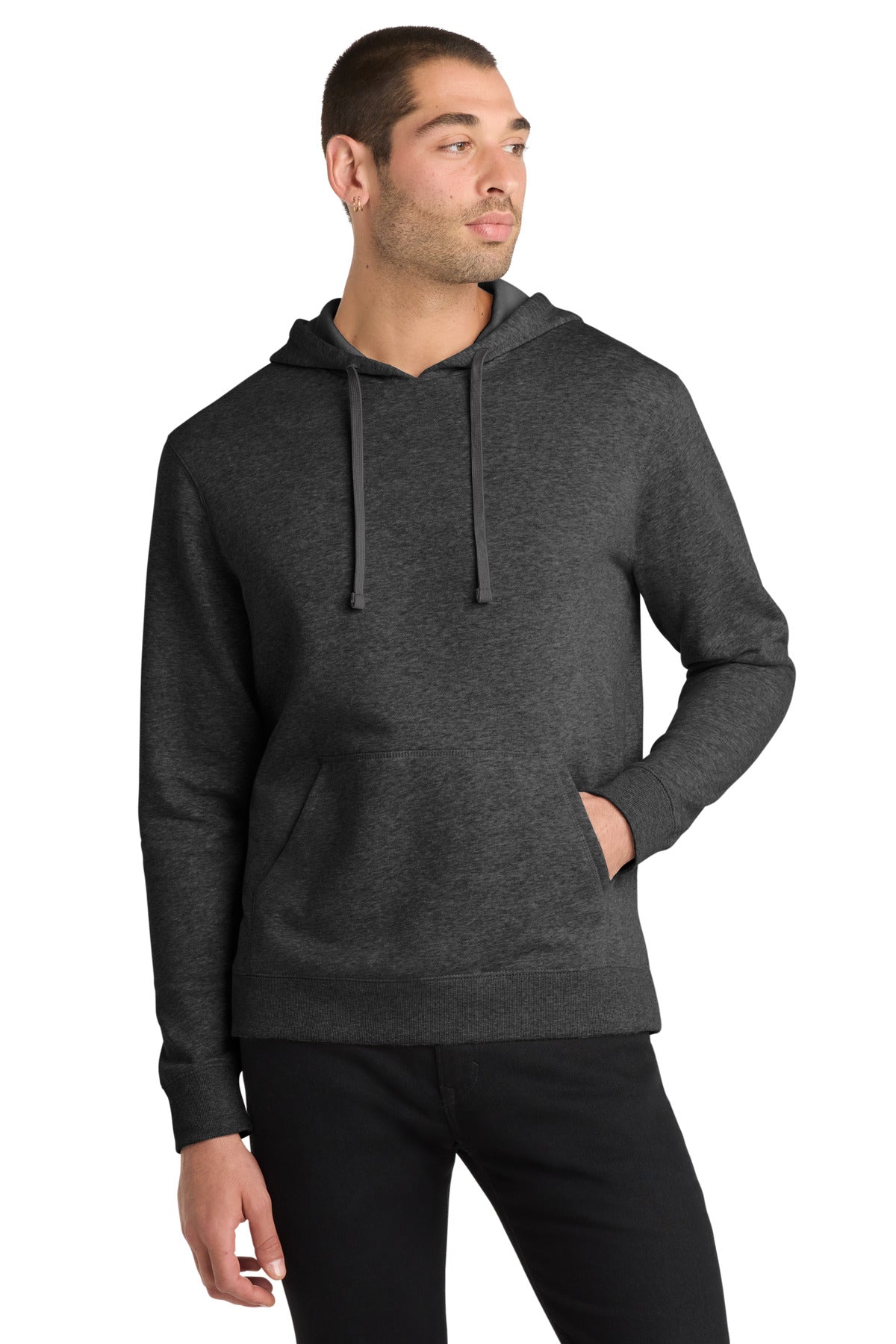 Front View of Hthrd Black District Lightweight Fleece Hoodie. DM391 plain