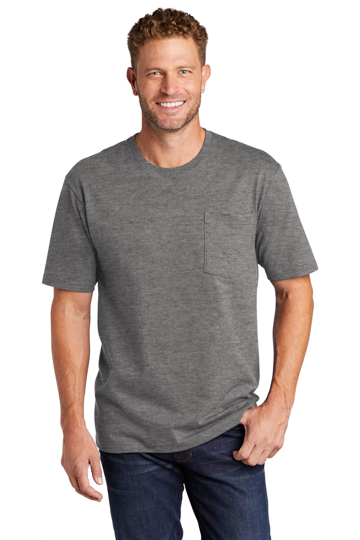 Front View of Hthrd Charcoal CornerStone Workwear Pocket Tee CS430 plain