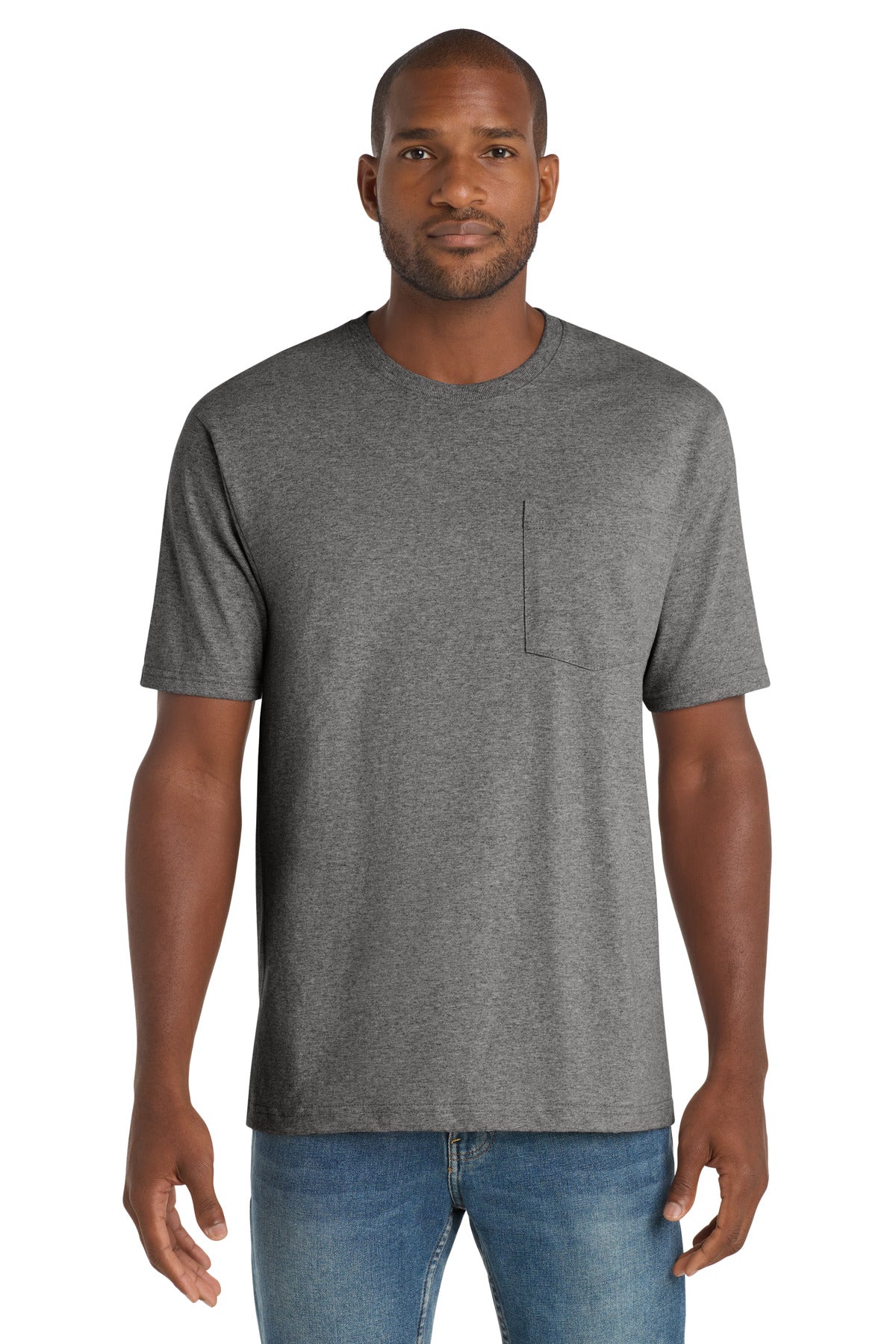 Front View of Hthrd Charcoal CornerStone Workwear Pocket Tee CS430 plain