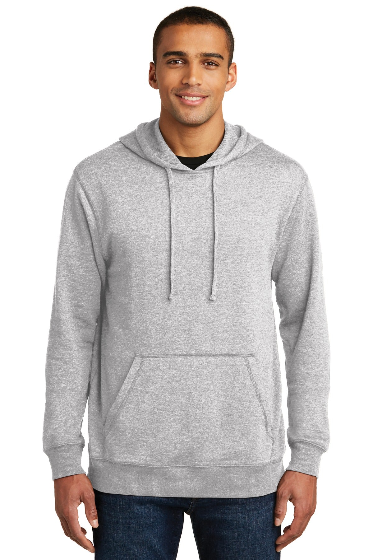 Front View of Hthrd Grey District Lightweight Fleece Hoodie. DM391 plain