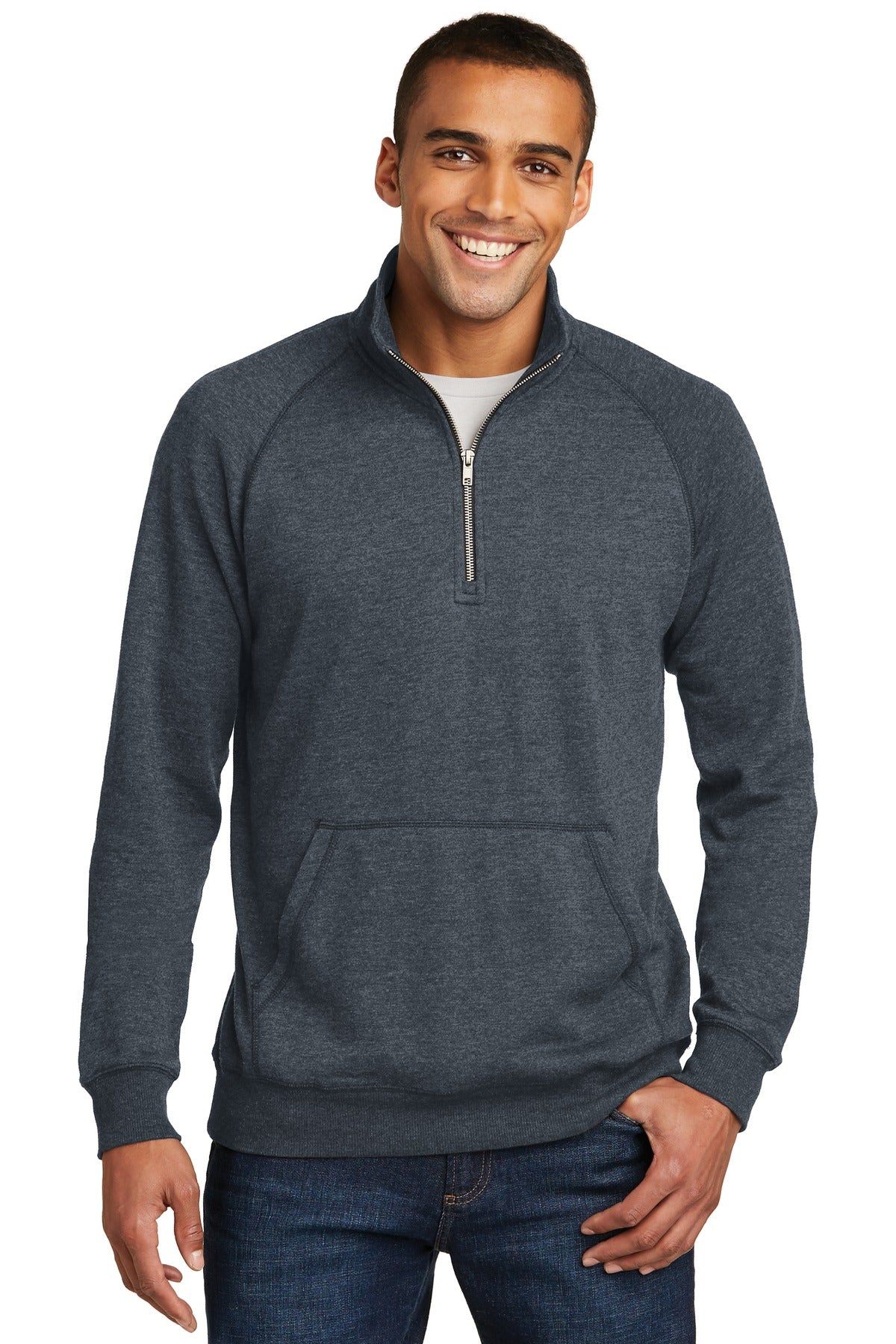 Front View of Hthrd Navy District Lightweight Fleece 1/4-Zip. DM392 plain