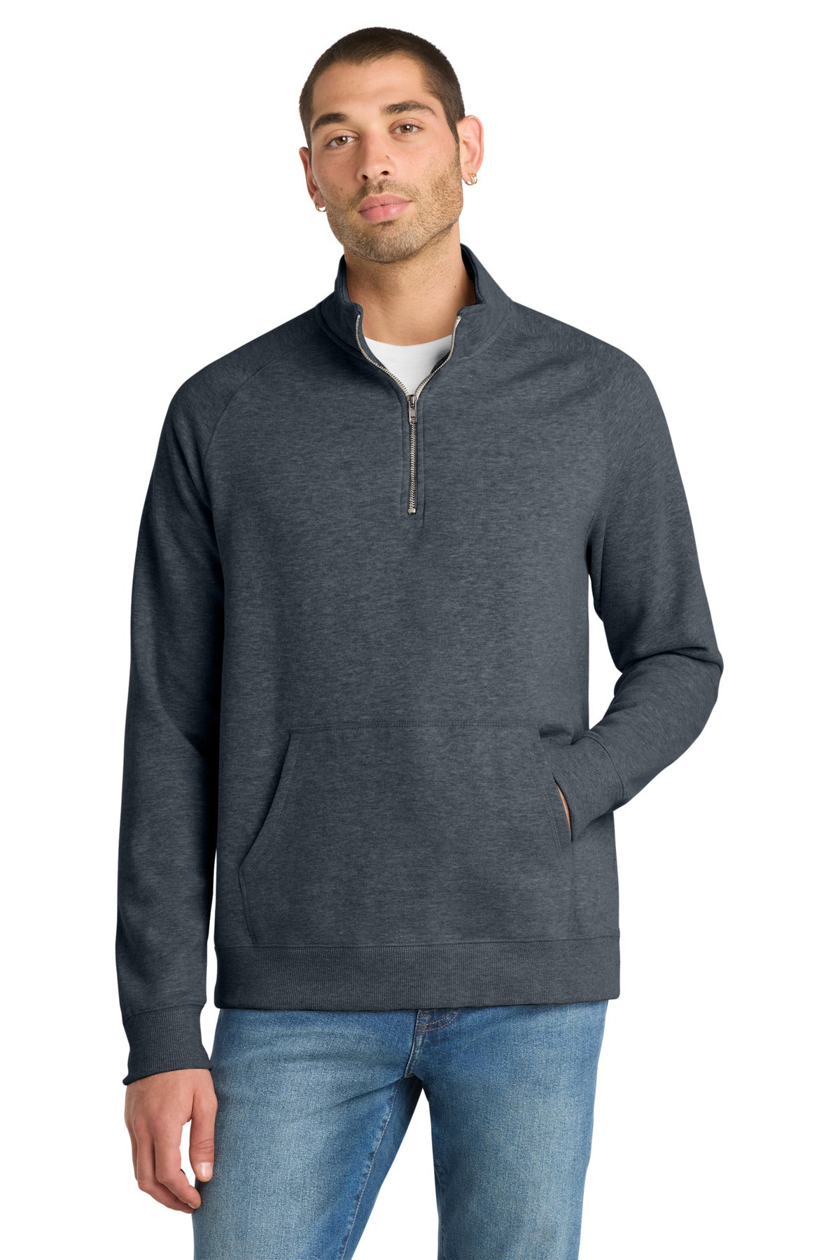 Front View of Hthrd Navy District Lightweight Fleece 1/4-Zip. DM392 plain