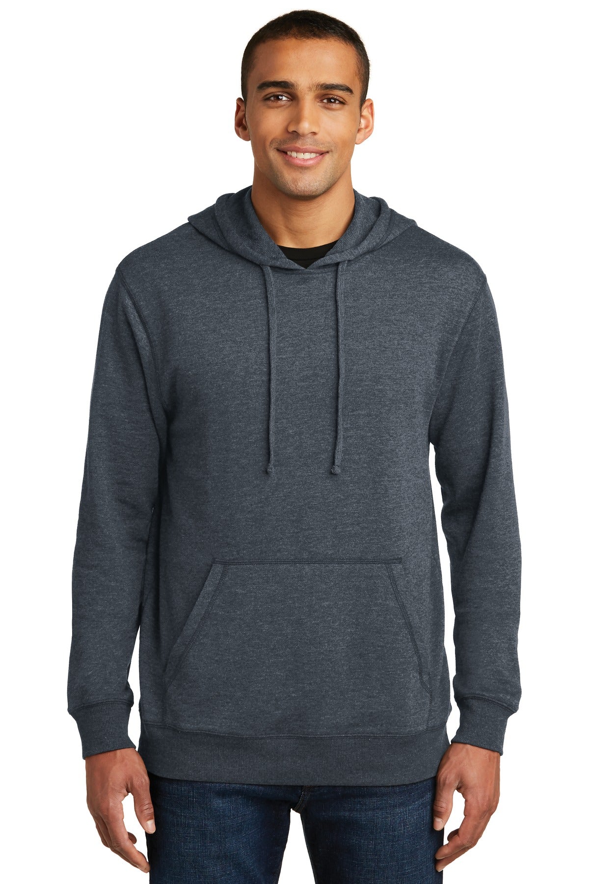 Front View of Hthrd Navy District Lightweight Fleece Hoodie. DM391 plain