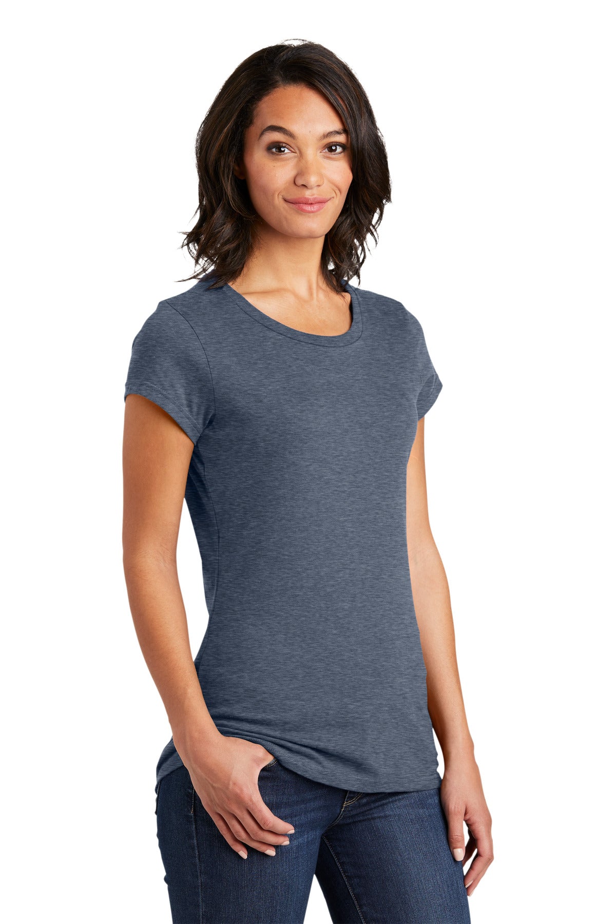 Front View of Hthrd Navy District Women's Fitted Very Important Tee . DT6001 plain