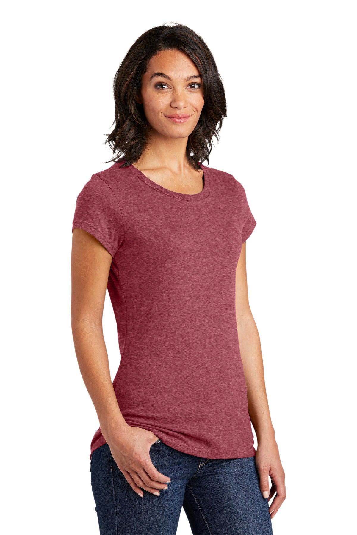 Front View of Hthrd Red District Women's Fitted Very Important Tee . DT6001 plain