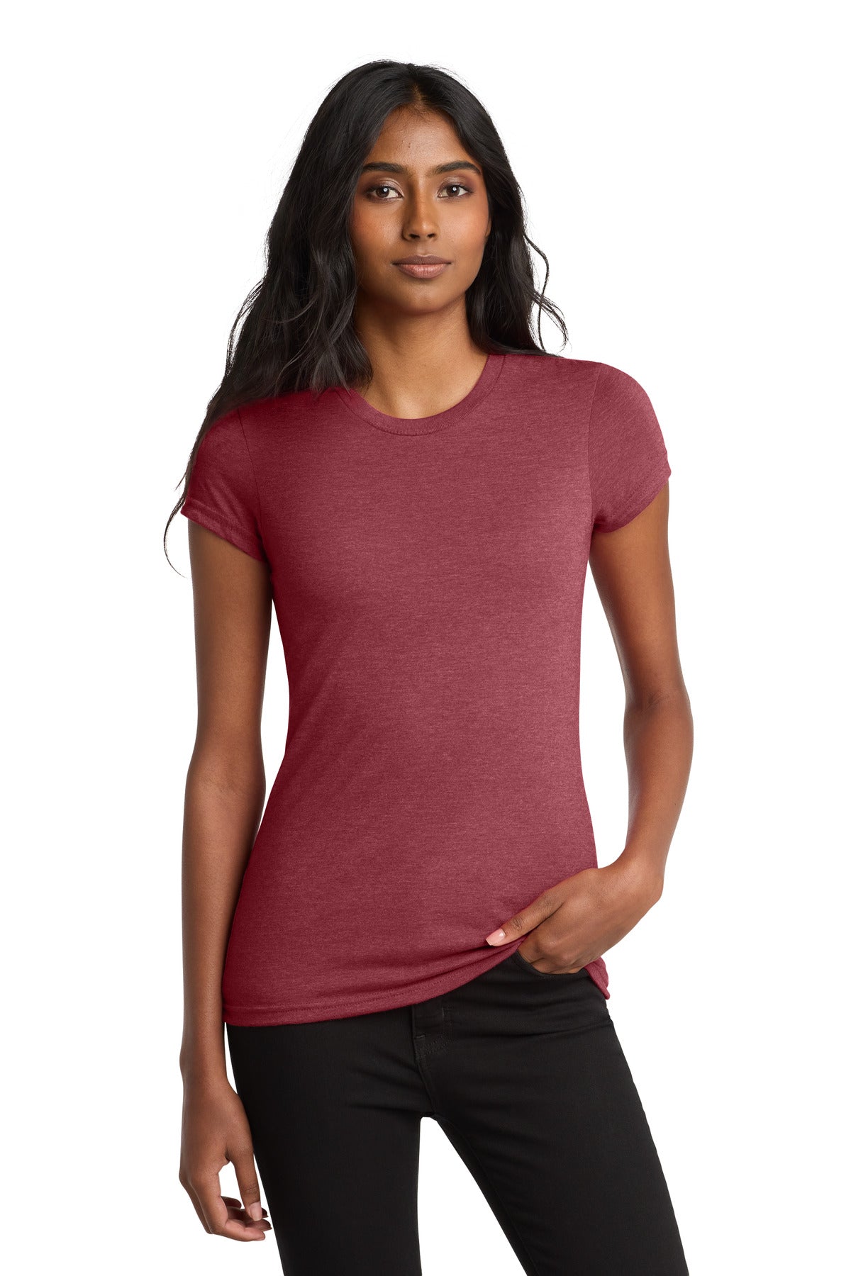 Front View of Hthrd Red District Women's Fitted Very Important Tee . DT6001 plain