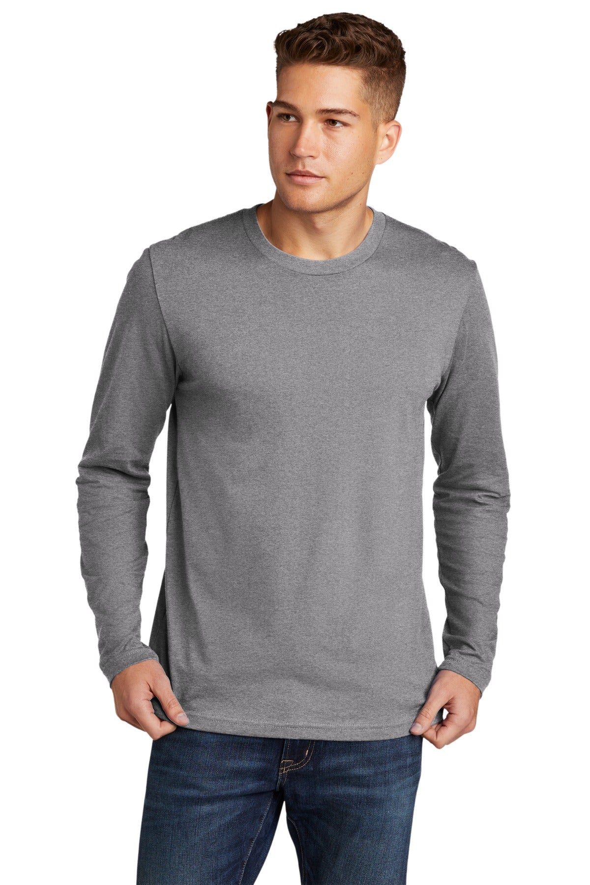 Front View of HthrGray Next Level Apparel Cotton Long Sleeve Tee. NL3601 plain