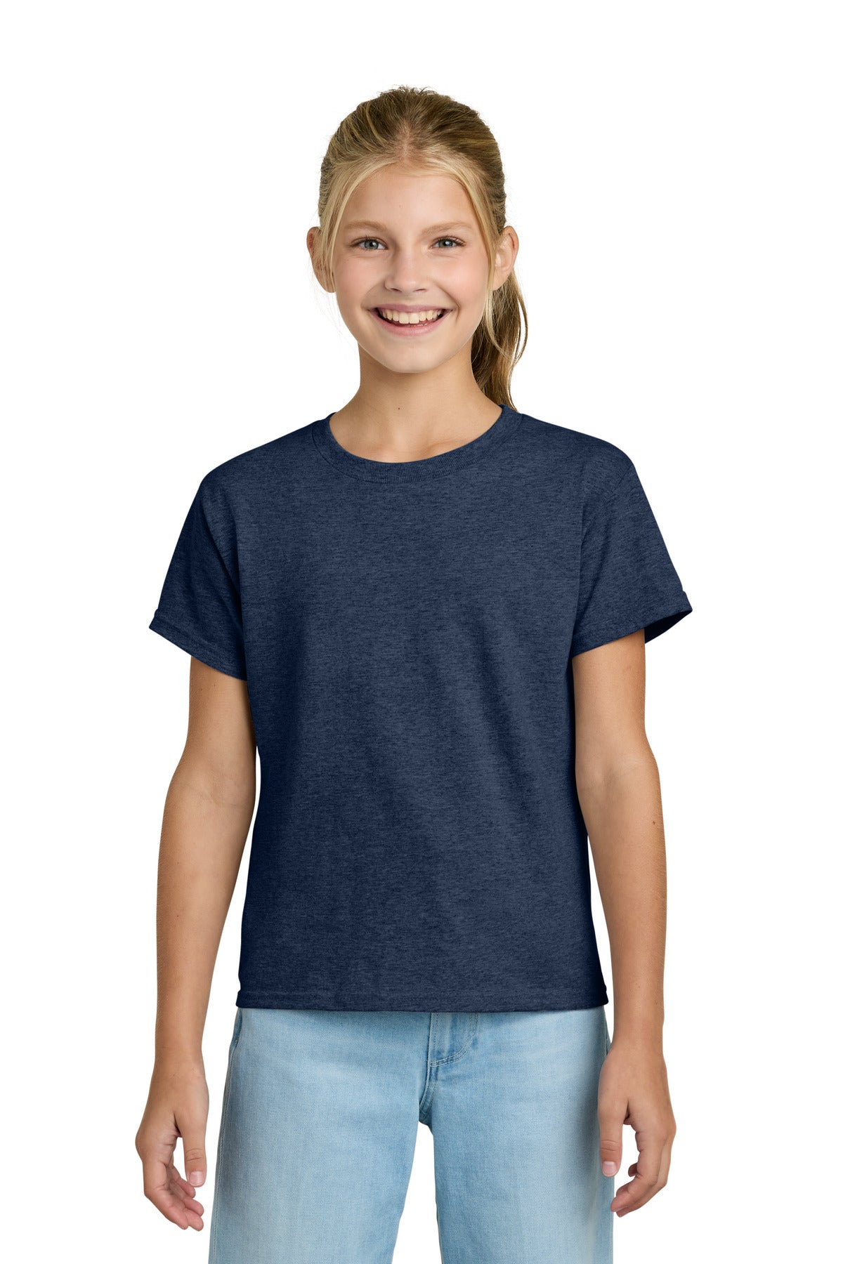 Front View of HthrNavy Gildan Youth Light Cotton Tee 3000B plain