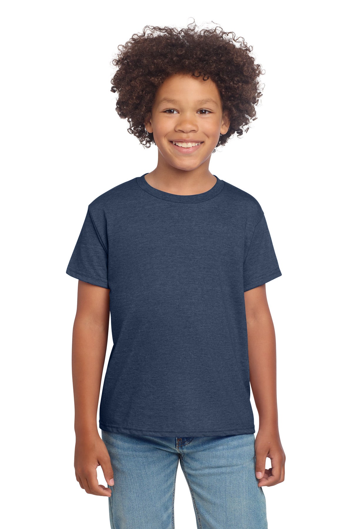 Front View of HthrNavy Gildan Youth Softstyle T-Shirt 64000B plain