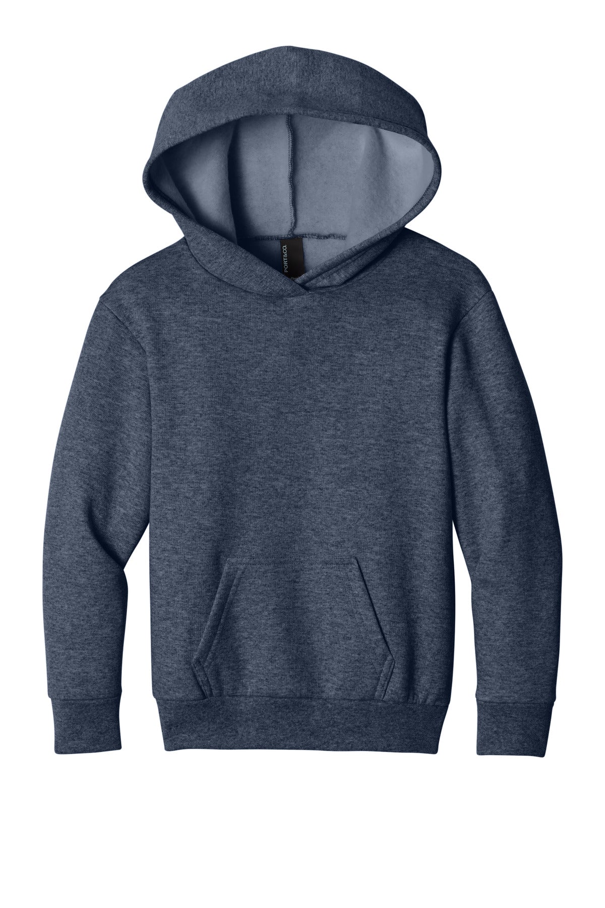 Front View of HthrNavy Port & Co Youth Easy Fleece Pullover Hooded Sweatshirt PC68YH plain