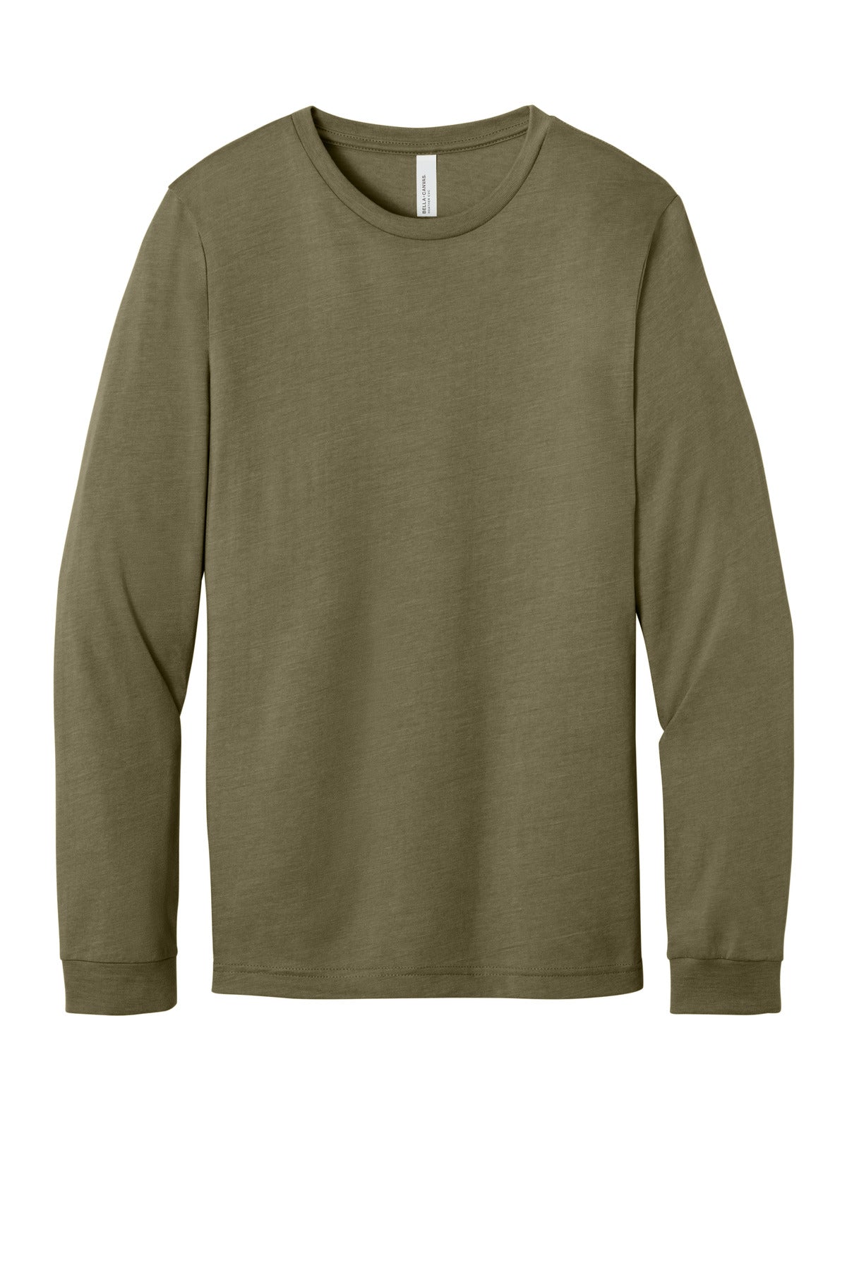 Front View of HthrOlive BELLA+CANVAS Unisex Heather CVC Long Sleeve Tee BC3501CVC plain