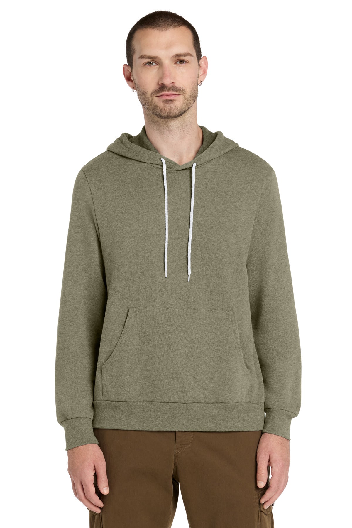 Front View of HthrOlive BELLA+CANVAS Unisex Sponge Fleece Pullover Hoodie. BC3719 plain