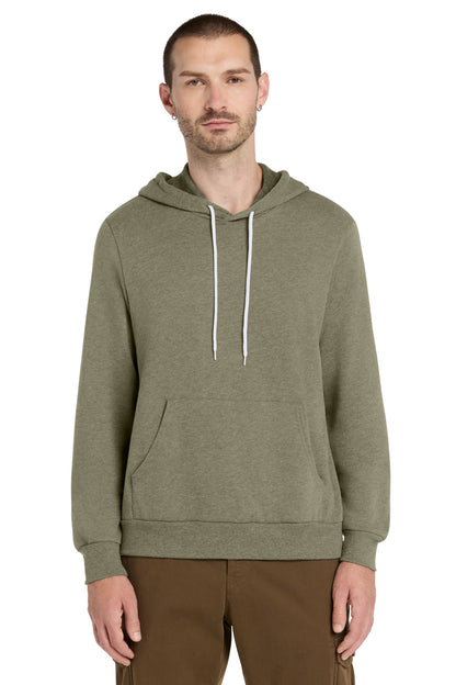 Front View of HthrOlive BELLA+CANVAS Unisex Sponge Fleece Pullover Hoodie. BC3719 plain