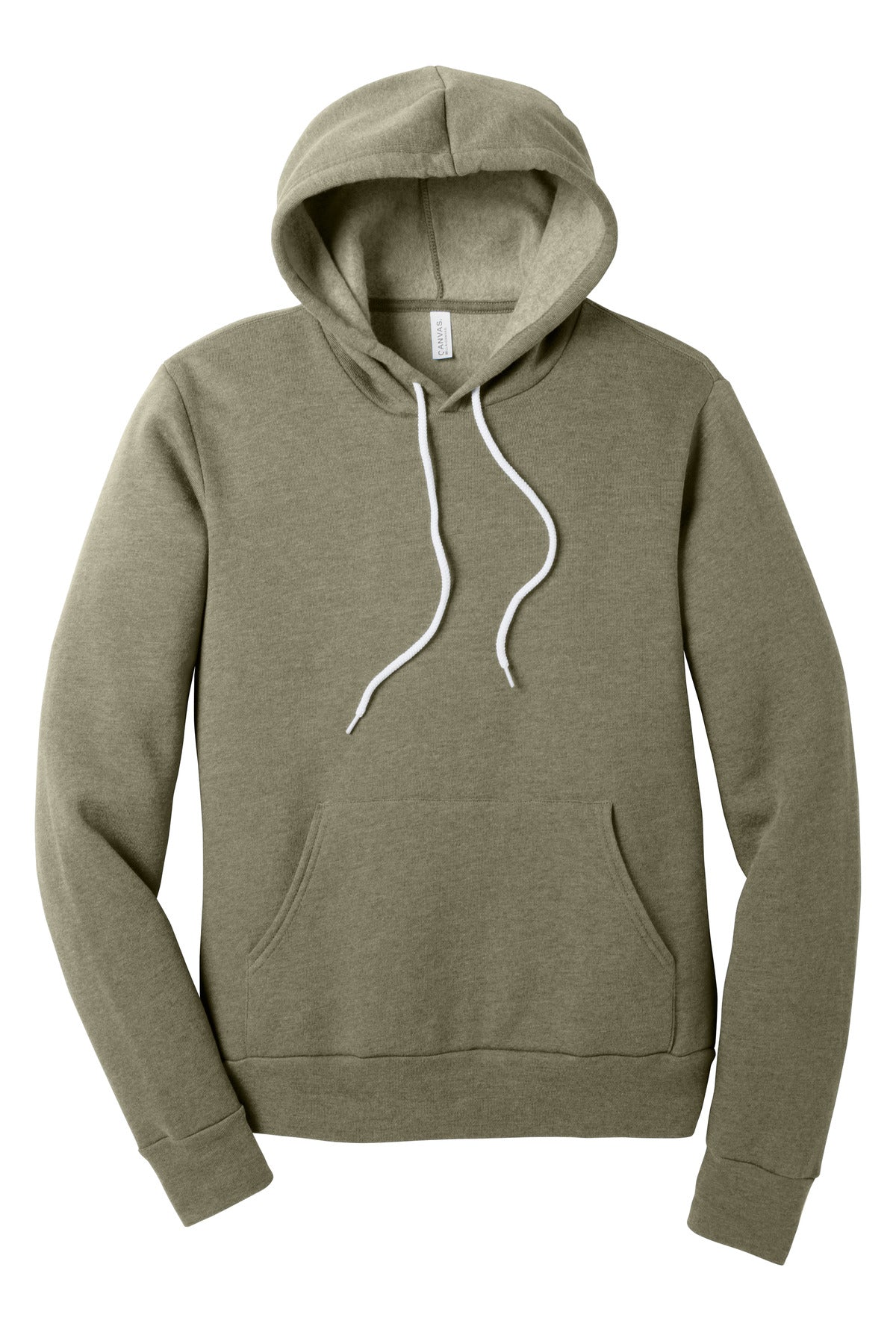 Front View of HthrOlive BELLA+CANVAS Unisex Sponge Fleece Pullover Hoodie. BC3719 plain
