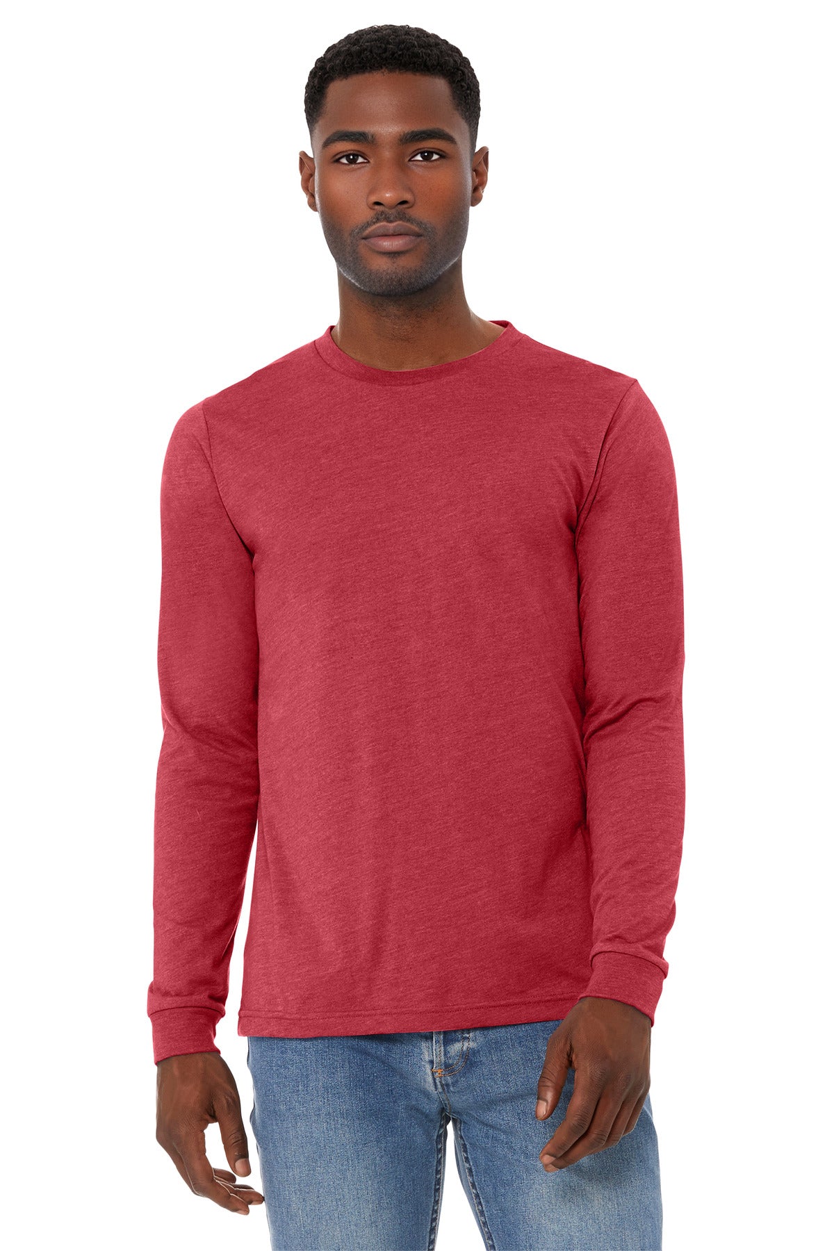 Front View of HthrRed BELLA+CANVAS Unisex Heather CVC Long Sleeve Tee BC3501CVC plain