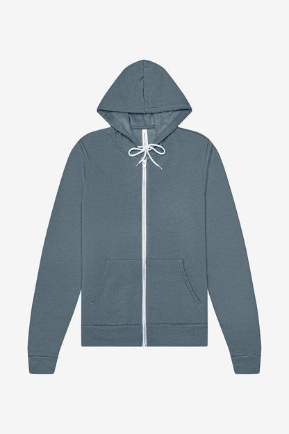 Front View of HthrSlate BELLA+CANVAS Unisex Sponge Fleece Full-Zip Hoodie. BC3739