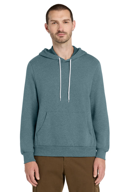 Front View of HthrSlate BELLA+CANVAS Unisex Sponge Fleece Pullover Hoodie. BC3719 plain