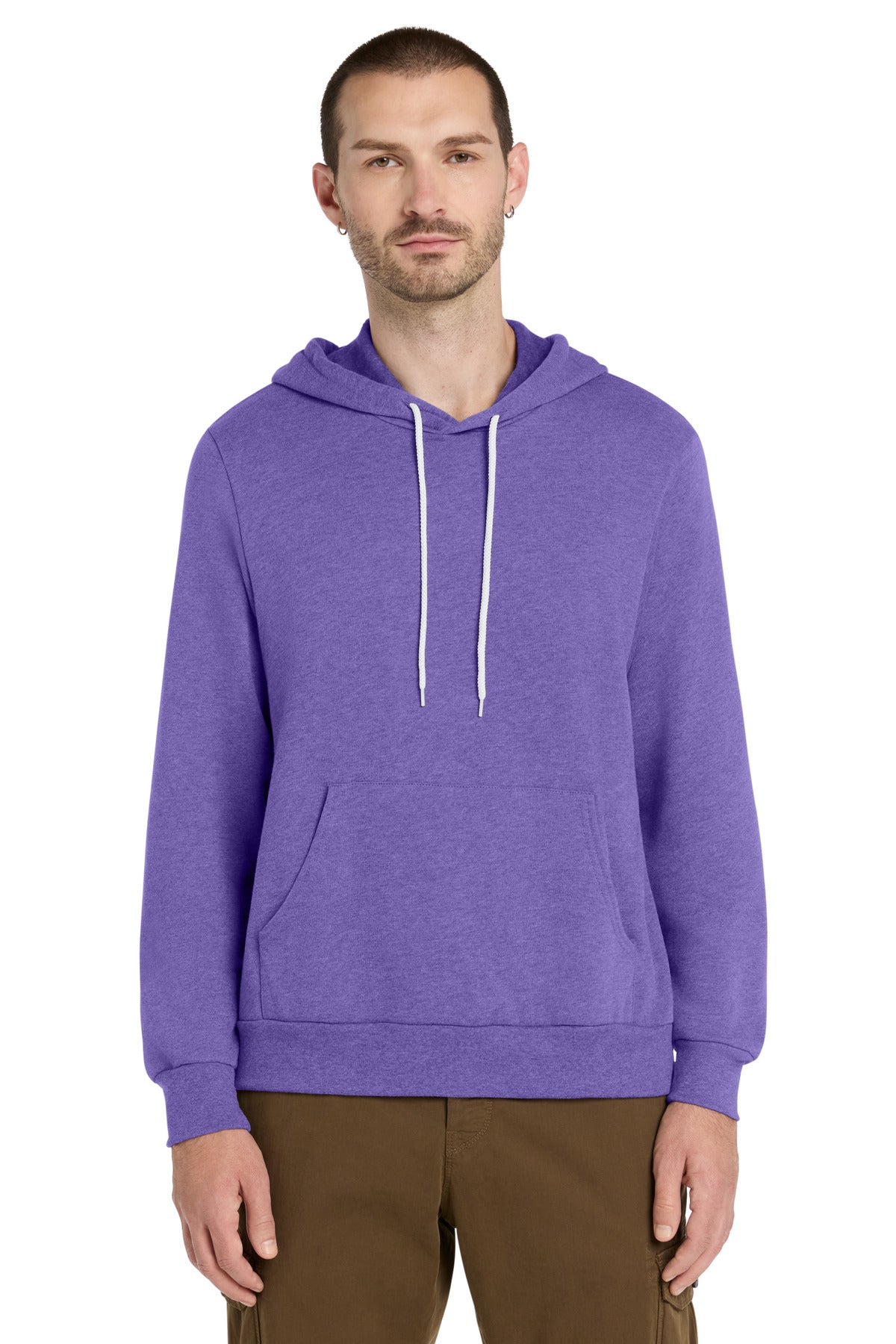 Front View of HthrTmPrpl BELLA+CANVAS Unisex Sponge Fleece Pullover Hoodie. BC3719 plain