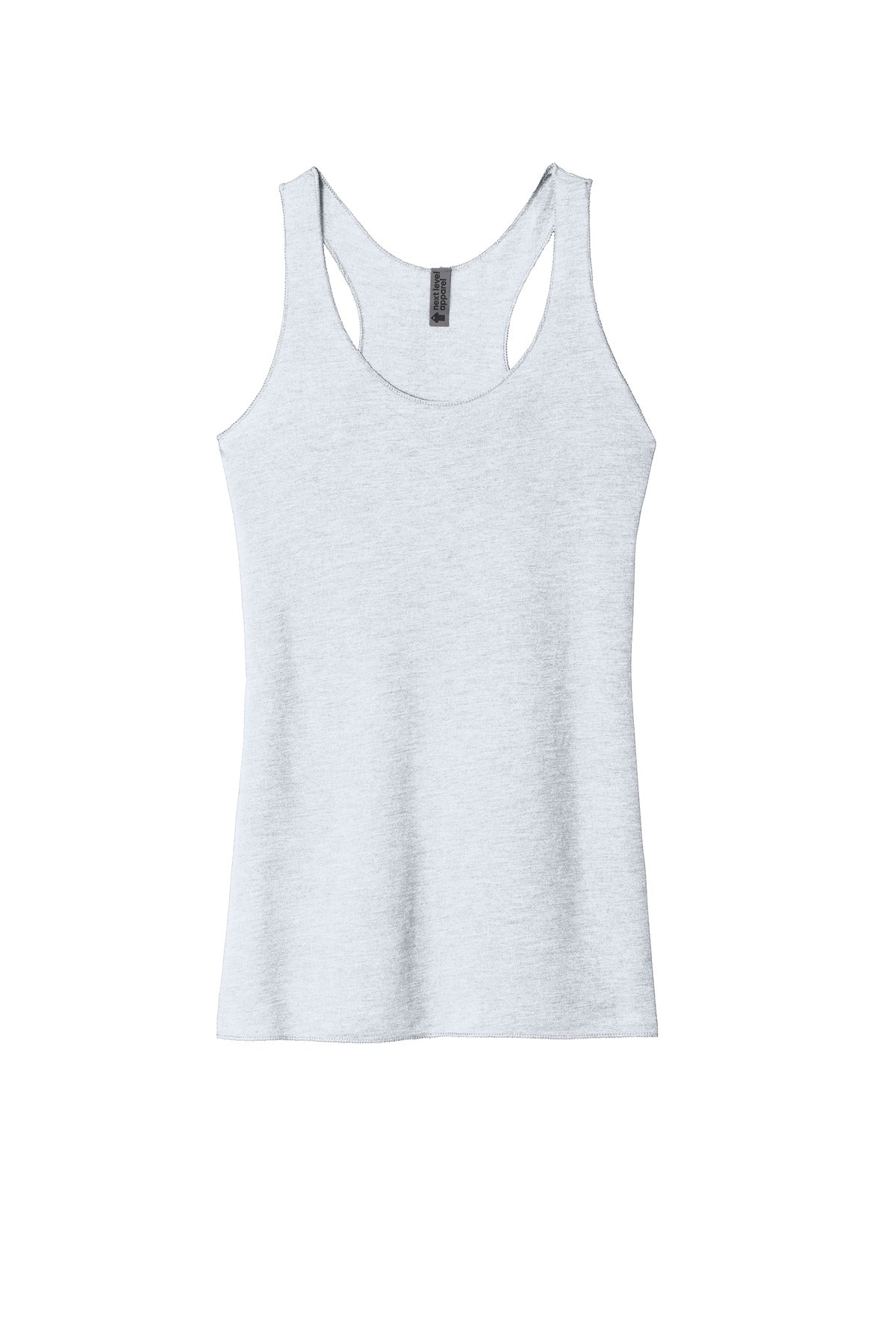 Front View of HthrWhite Next Level Apparel Women's Tri-Blend Racerback Tank. NL6733 plain