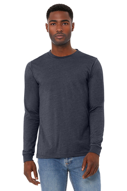 Front View of HtMdntNavy BELLA+CANVAS Unisex Heather CVC Long Sleeve Tee BC3501CVC plain