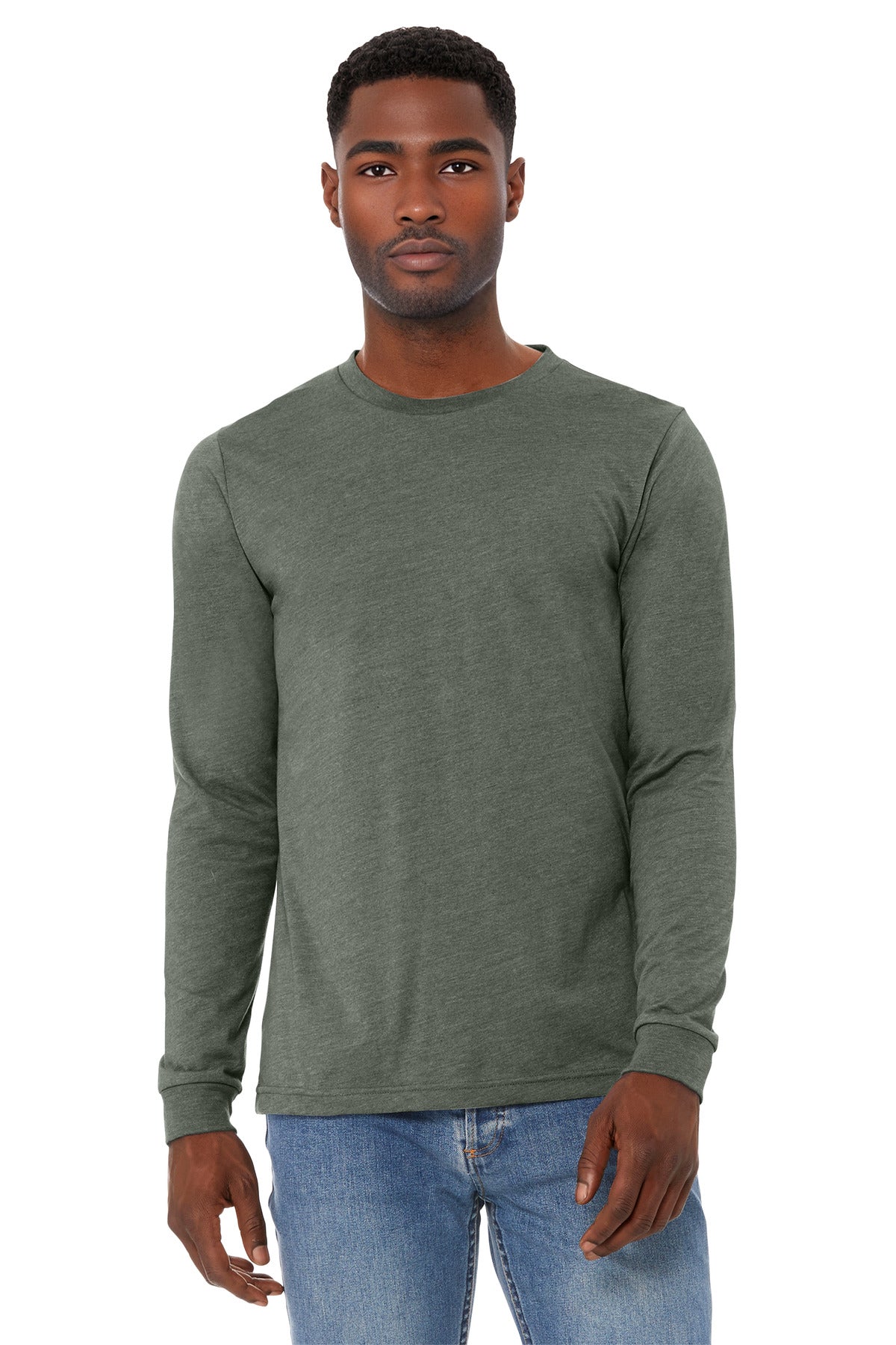 Front View of HtMltGrn BELLA+CANVAS Unisex Heather CVC Long Sleeve Tee BC3501CVC plain