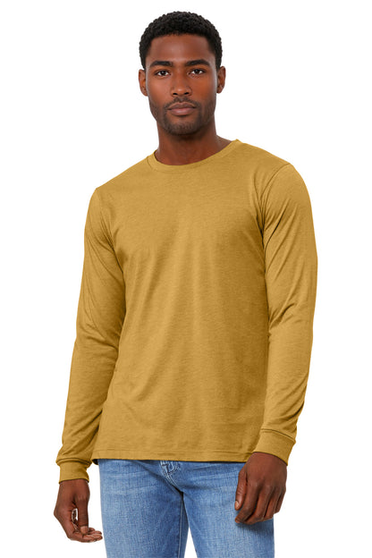 Front View of HtMustard BELLA+CANVAS Unisex Heather CVC Long Sleeve Tee BC3501CVC plain