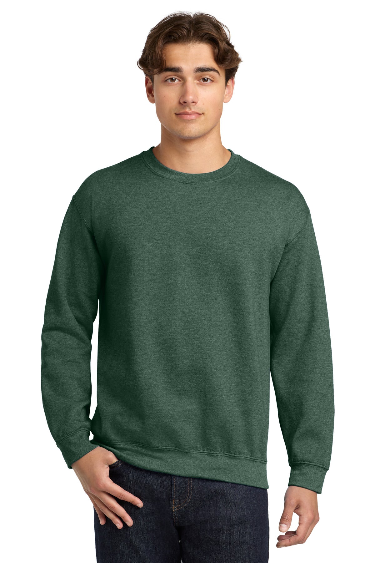 Front View of HtrDkGreen Gildan Heavy Blend Crewneck Sweatshirt. 18000 plain