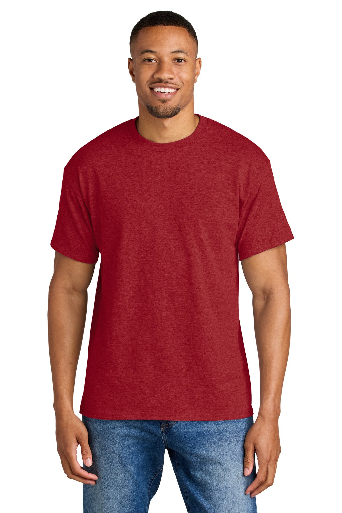 Front View of HtrScarRed Gildan DryBlend 50 Cotton/50 Poly T-Shirt. 8000 plain