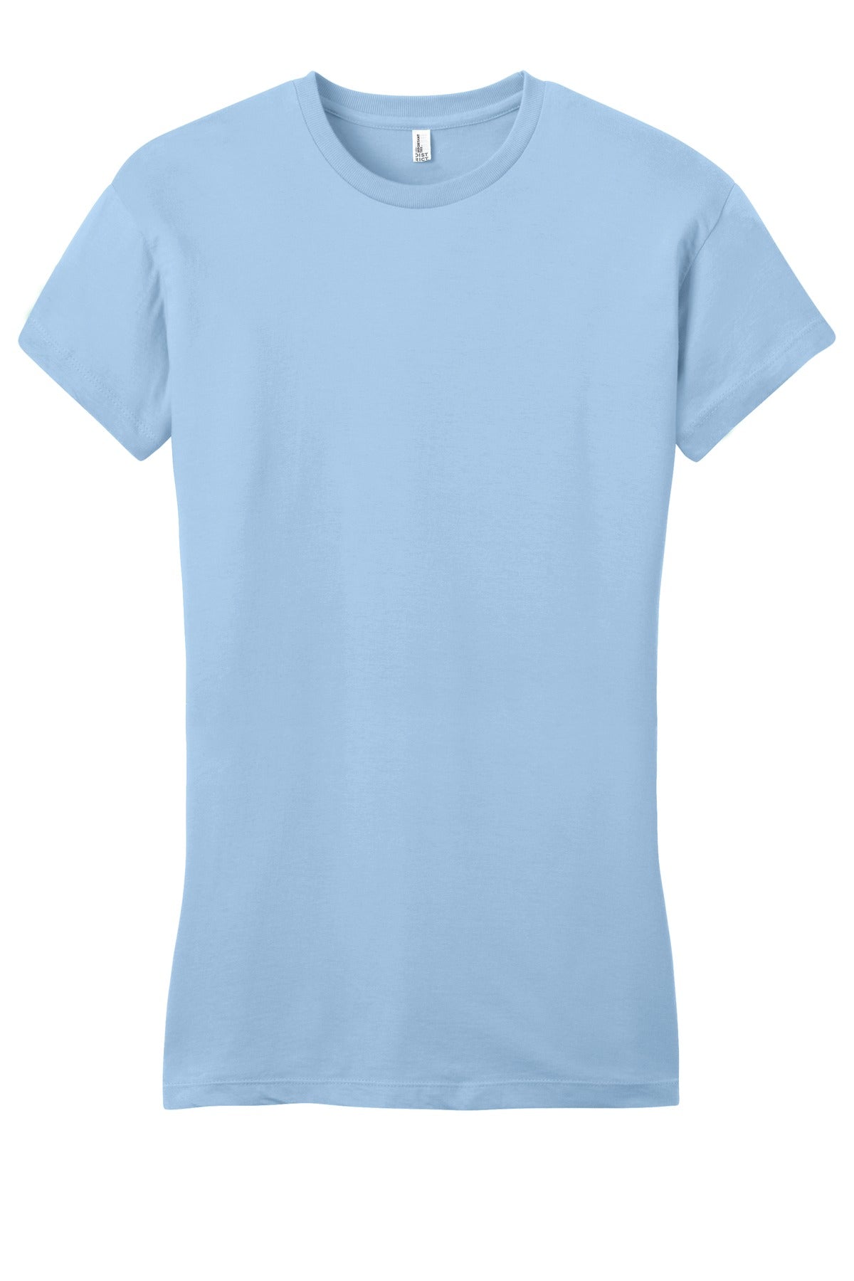 Front View of Ice Blue District Women's Fitted Very Important Tee . DT6001 plain