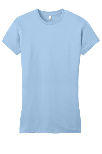 Front View of Ice Blue District Women's Fitted Very Important Tee . DT6001 plain