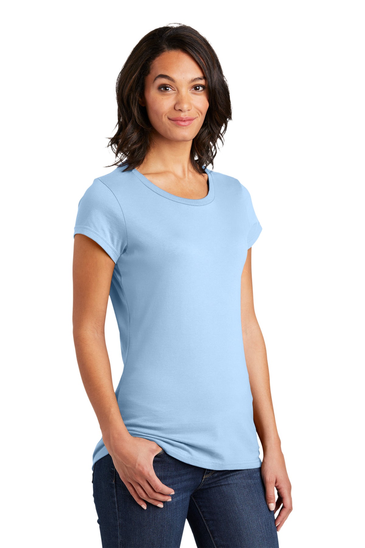 Front View of Ice Blue District Women's Fitted Very Important Tee . DT6001 plain