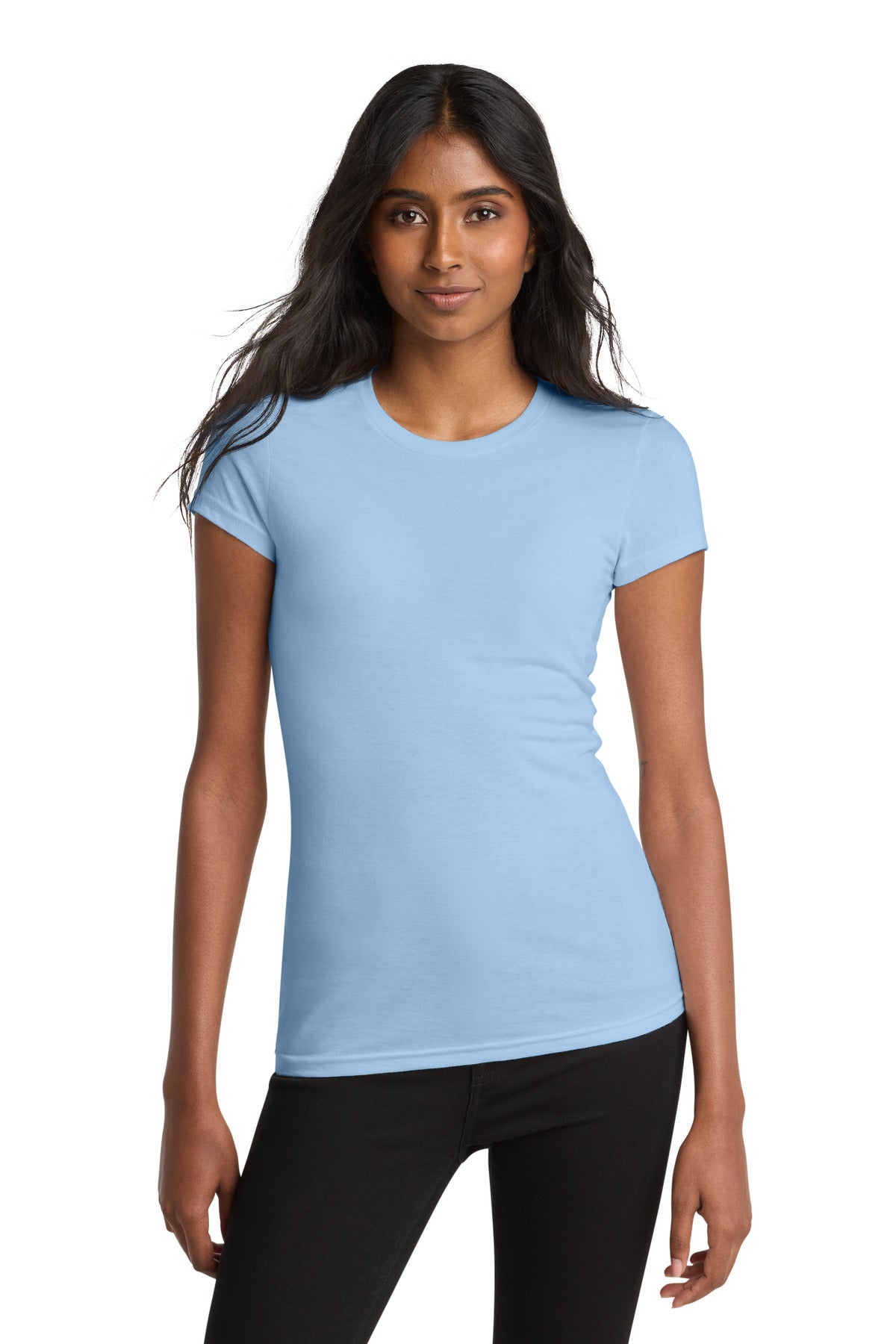 Front View of Ice Blue District Women's Fitted Very Important Tee . DT6001 plain