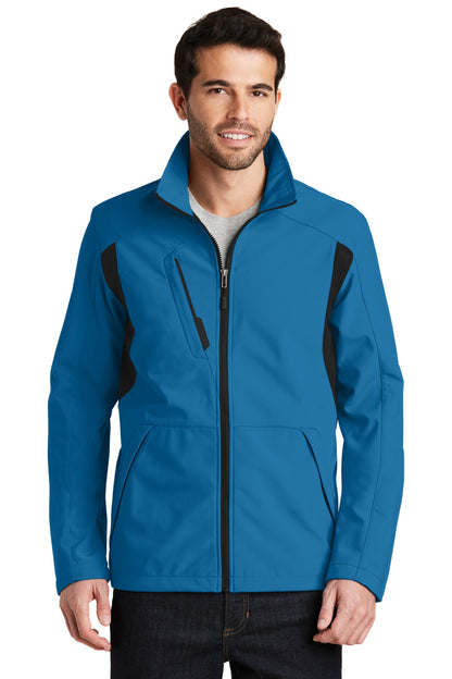 Front View of Imperial Bl/Bk Port Authority Back-Block Soft Shell Jacket. J336 plain