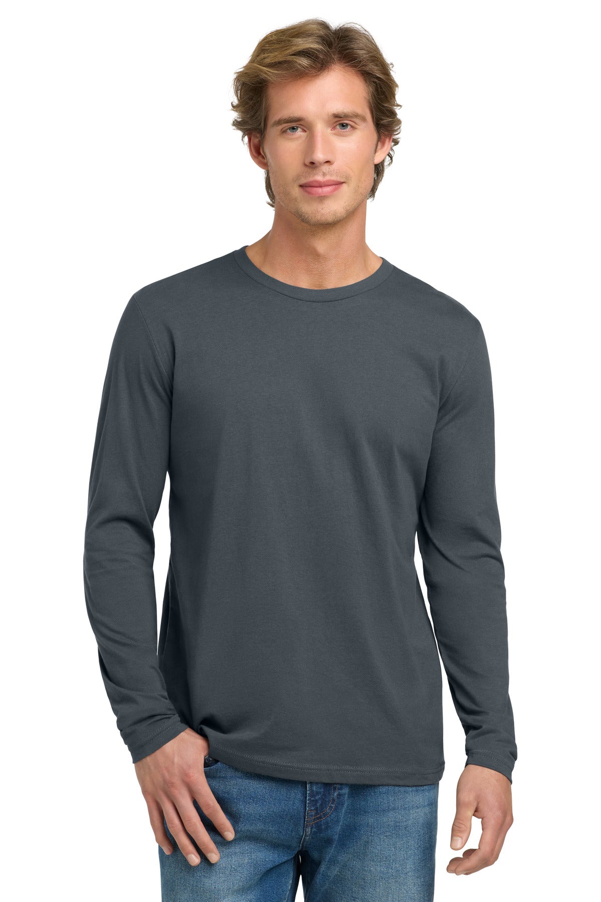 Front View of Indigo Next Level Apparel Cotton Long Sleeve Tee. NL3601 plain