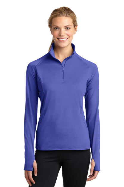 Front View of Iris Purple Sport-Tek Women's Sport-Wick Stretch 1/4-Zip Pullover. LST850 plain
