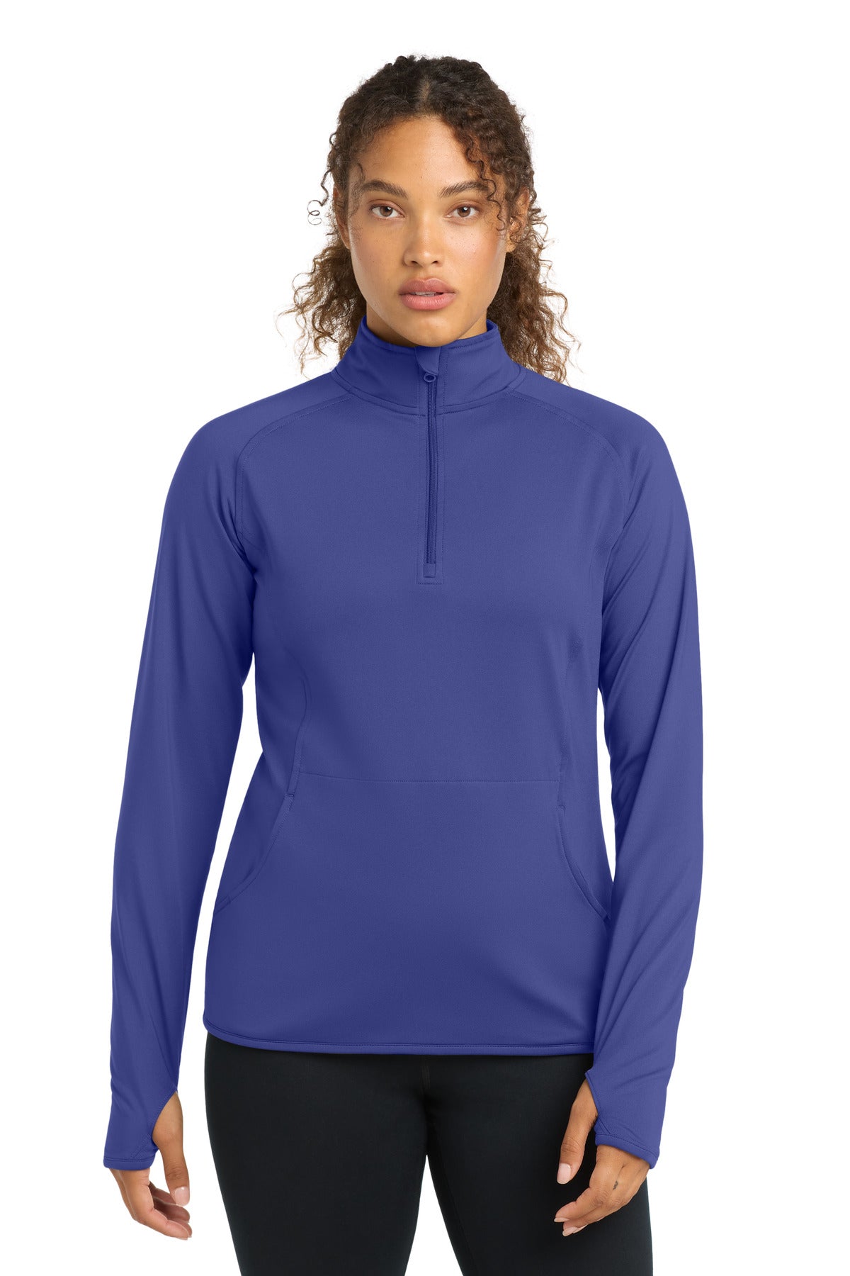 Front View of Iris Purple Sport-Tek Women's Sport-Wick Stretch 1/4-Zip Pullover. LST850 plain