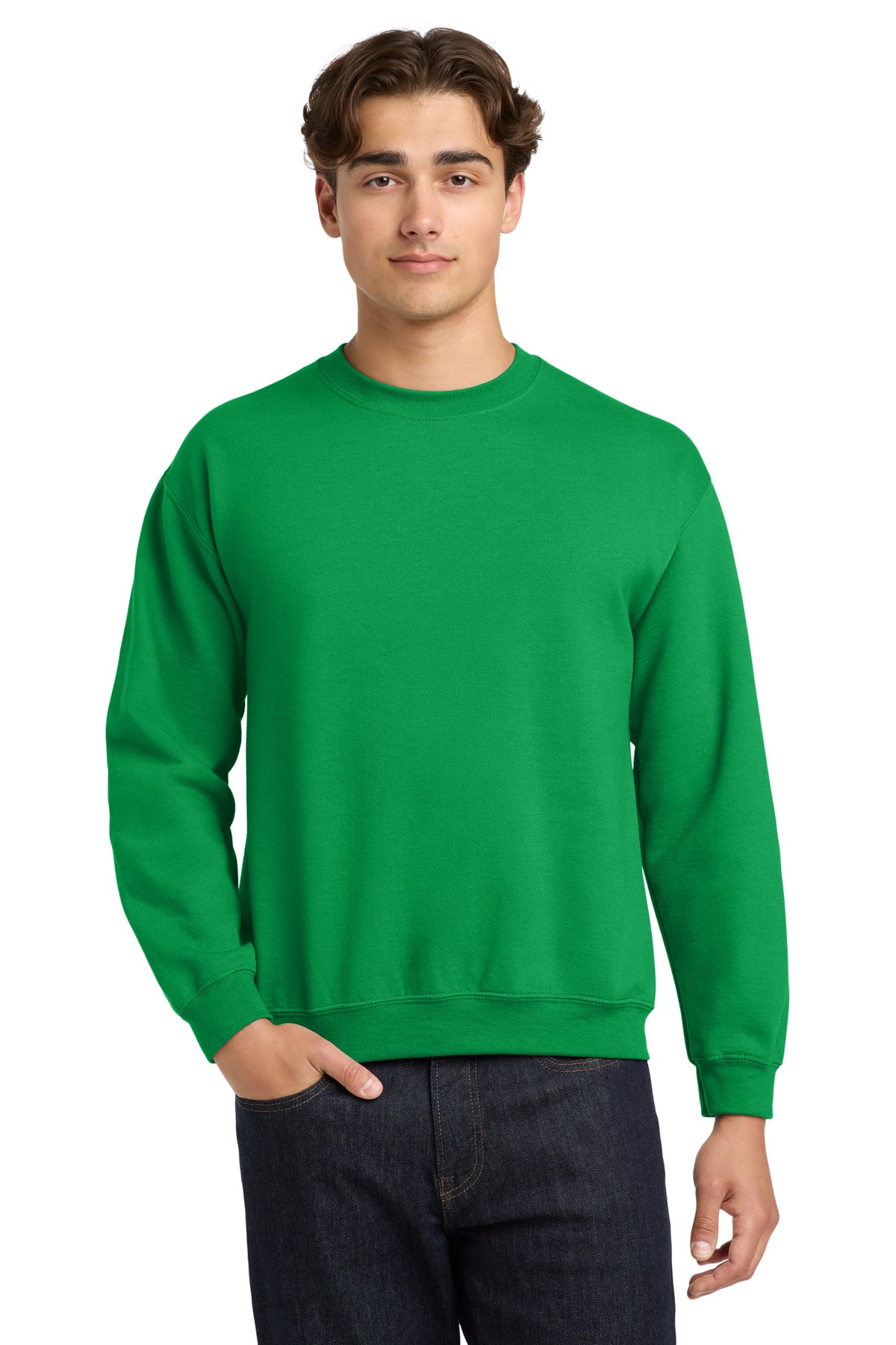Front View of Irish Green Gildan Heavy Blend Crewneck Sweatshirt. 18000 plain
