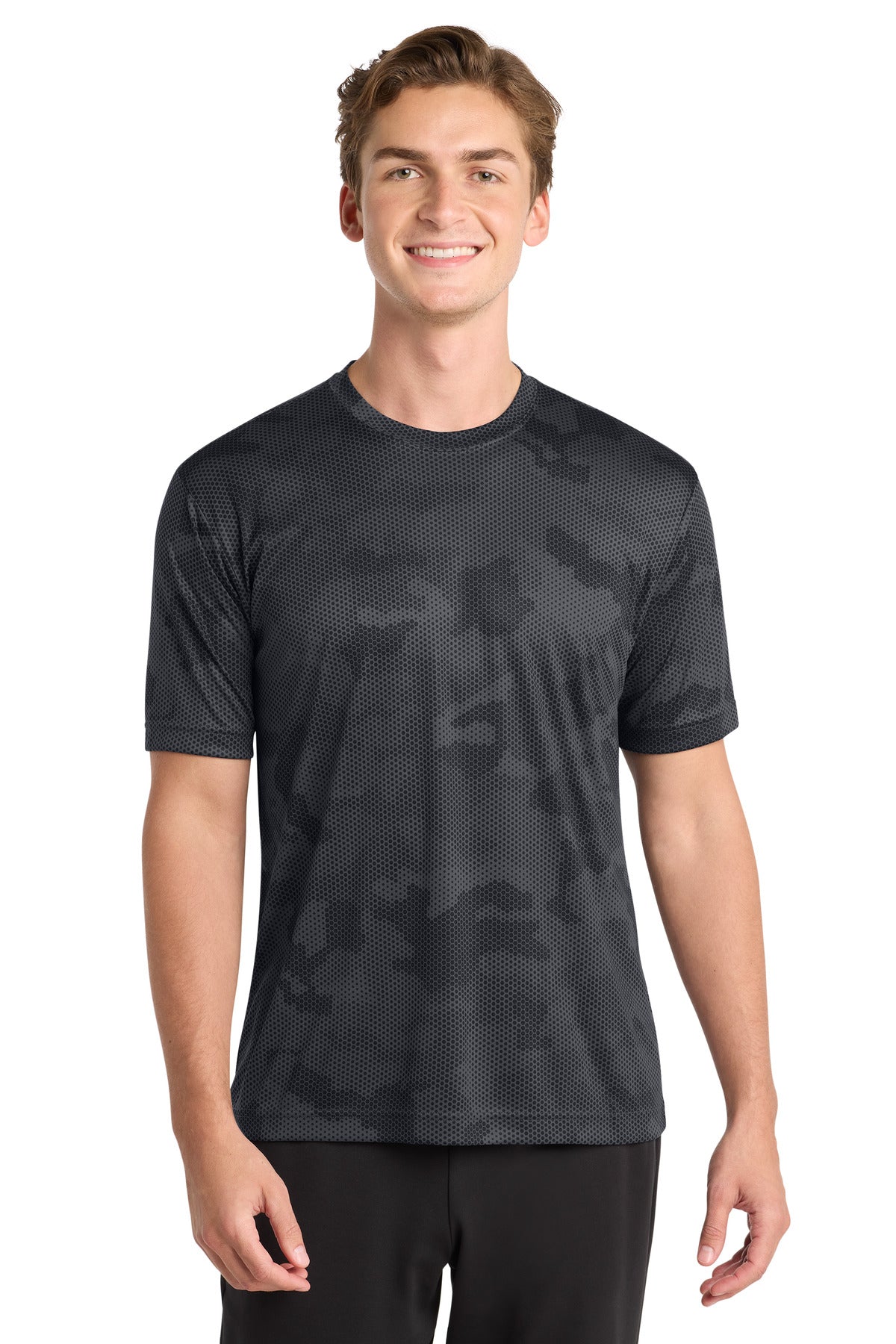 Front View of Iron Grey Sport-Tek CamoHex Tee. ST370 plain