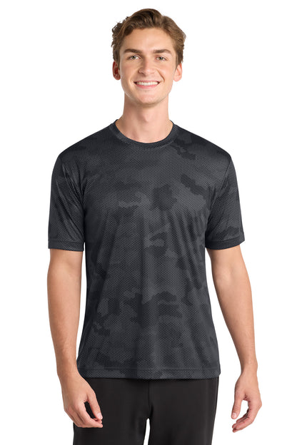 Front View of Iron Grey Sport-Tek CamoHex Tee. ST370 plain