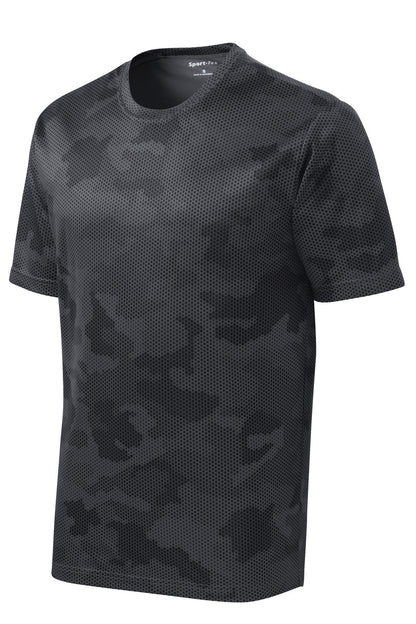 Front View of Iron Grey Sport-Tek CamoHex Tee. ST370 plain