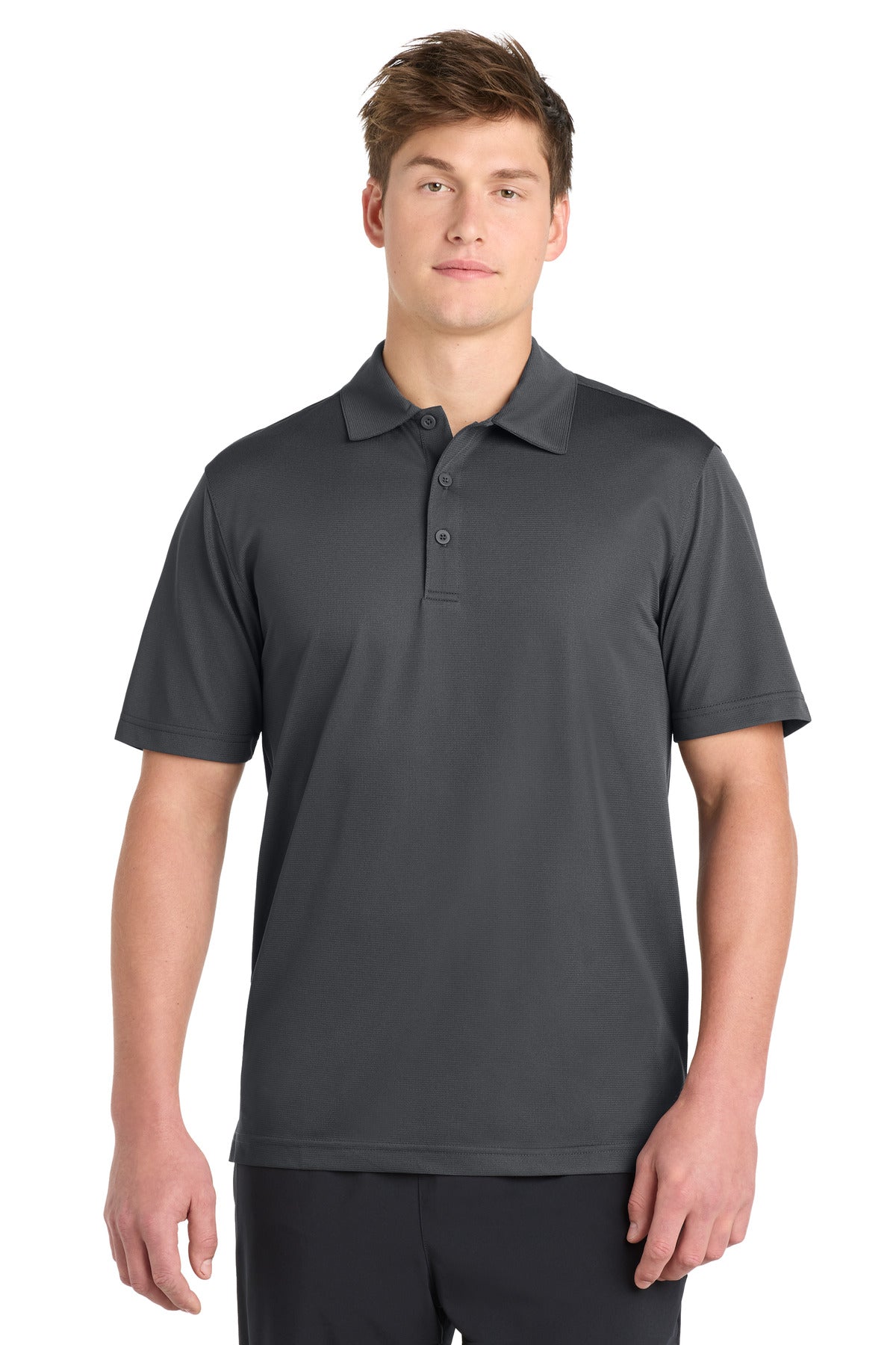Front View of Iron Grey Sport-Tek PosiCharge Active Textured Polo. ST690 plain