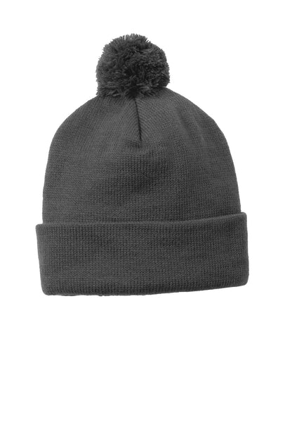 Front View of Iron Grey Sport-Tek Solid Pom Pom Beanie. STC37